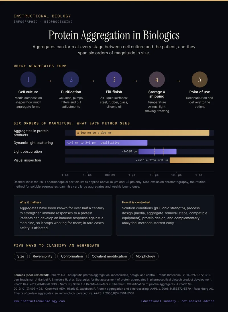 Infographic: where protein aggregates form from cell culture to the point of use, the size range of aggregates from nanometers to millimeters and which methods detect them, why aggregates matter for immunogenicity, and five ways to classify them