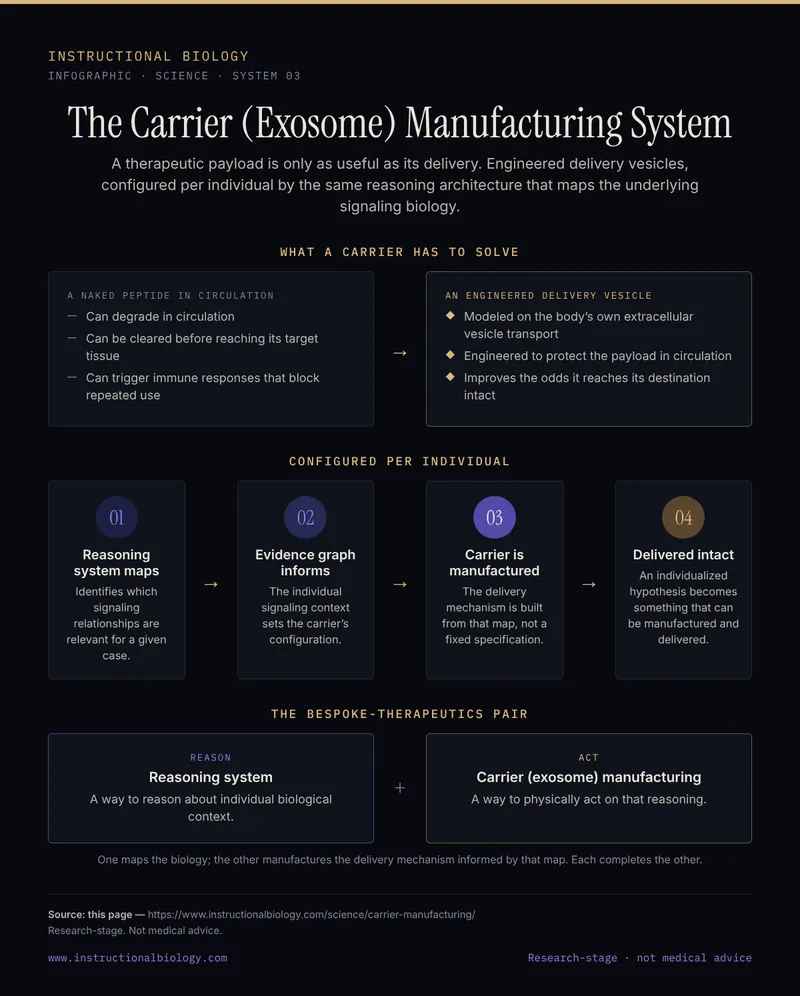 Infographic: the carrier (exosome) manufacturing system — engineered delivery vesicles modeled on extracellular vesicle transport, protecting a payload in circulation and configured per individual by the reasoning system