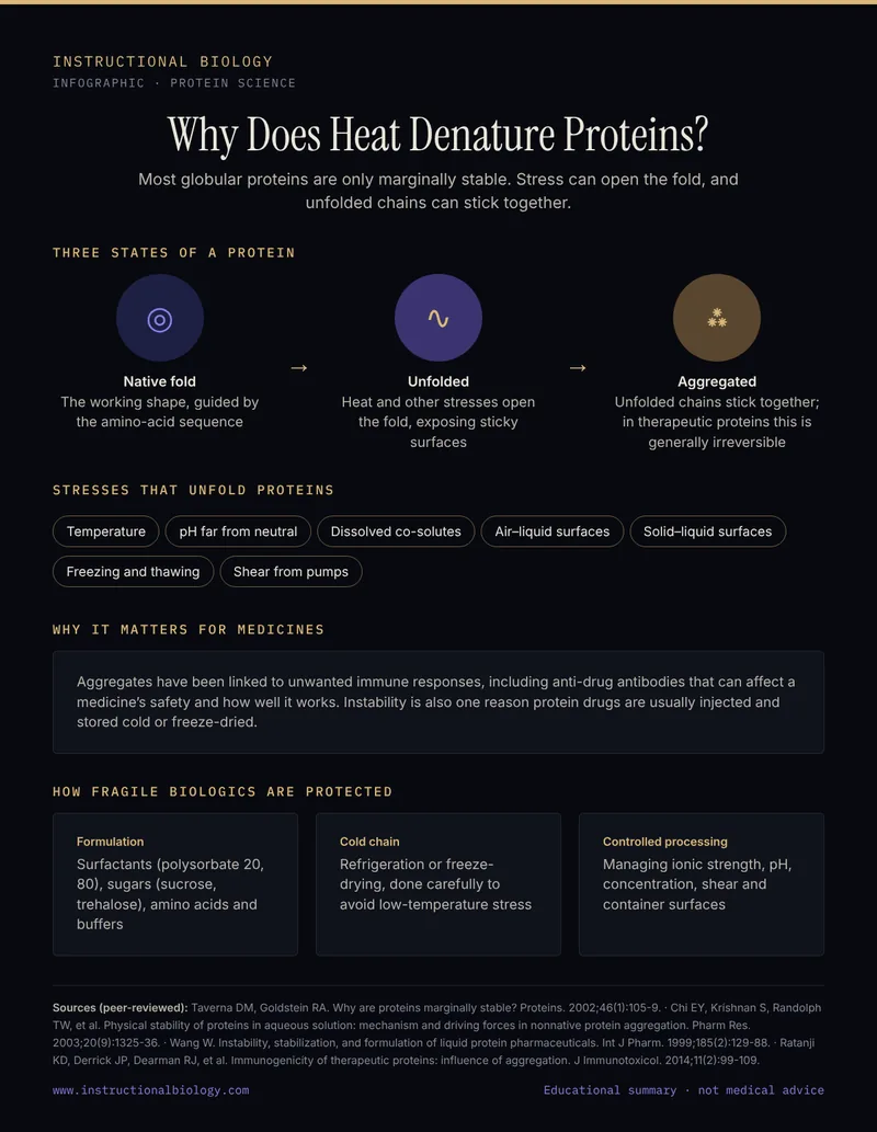 Infographic: a protein's native fold, how heat and other stresses unfold it, how unfolded proteins aggregate, and how biologics are protected