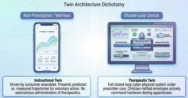 Twin architecture dichotomy. Left, non-prescription wellness: the Instructional Twin on a phone, driven by consumer wearables, showing predicted versus measured trajectories for voluntary action, with no autonomous administration of therapeutics. Right, closed-loop clinical: the Therapeutic Twin dashboard under prescriber care, where clinician-ratified envelopes command hardware dosing