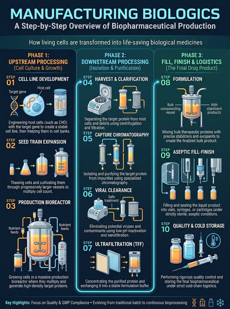 Infographic: manufacturing biologics step by step, from cell line development, seed train and production bioreactor through harvest, chromatography, viral clearance and ultrafiltration to formulation and fill-finish